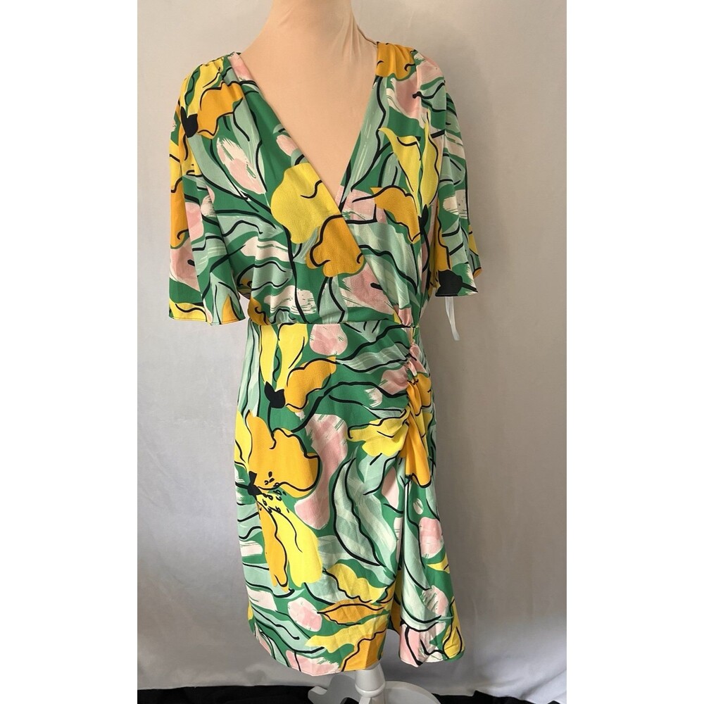 Maggy London Floral Wrap Dress Flutter Sleeve Ruched Side Green Yellow Pink